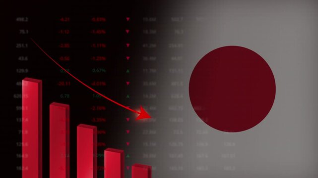 Economic crisis in Japan concept background.Red falling graph animation with Japanese flag.Stock market crash