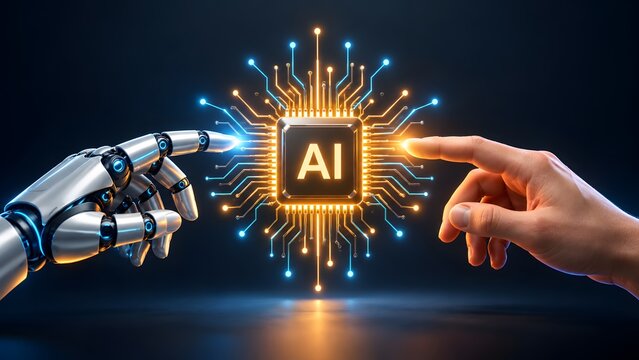 Robotic and human hand touching a glowing microchip. Concept of artificial intelligence and human machine collaboration.