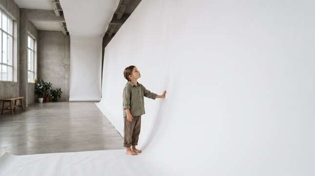 Young child in studio looking up at a large white backdrop with hand touching the surface