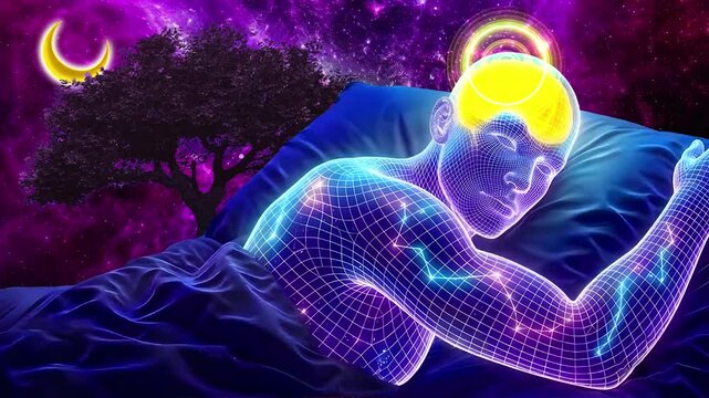 Futuristic Wireframe Human Sleeping Under a Cosmic Sky with Glowing Brain
