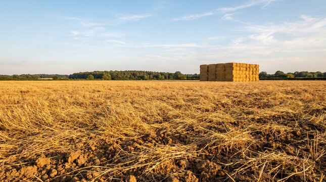 Large square straw bales sitting in a harvested golden field at sunset.