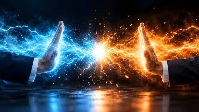 Opposing business hands clashing with blue and orange lightning waves representing corporate conflict and competition
