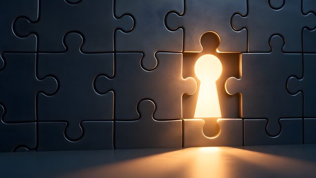 Dark jigsaw puzzle wall with glowing keyhole shaped missing piece representing business solution strategy and opportunity concept