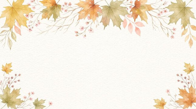 Watercolor autumn maple leaves and small flowers frame border isolated on white background