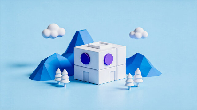 Stylized minimalist building with low poly mountains and trees