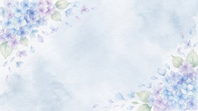 Watercolor hydrangea flower border frame with blue and purple petals on a soft textured light blue background