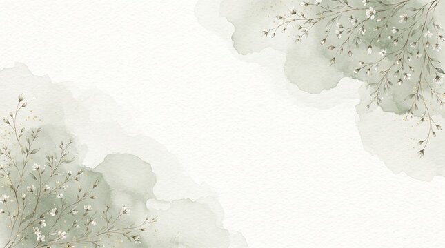 Elegant watercolor background with soft sage green paint splashes and delicate handdrawn floral branches with tiny white flowers isolated on white background
