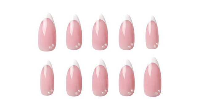 Set of 15 pink and white french manicure artificial nails, glossy almond shaped false fingernails, 3d nail art extensions, beauty salon supplies