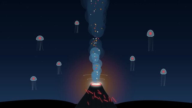 Minimalist Motion Graphics of Deep Sea Geothermal Vent Erupting Glowing Particles with Drifting Jellyfish, Seamless Loop for Science Promo