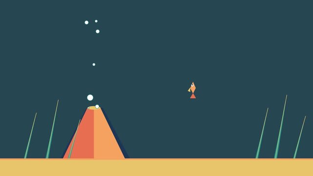 Flat Vector Animation of Cartoon Orange Fish Swimming Beside Underwater Smoking Volcano with Rising Air Bubbles, Seamless Loop