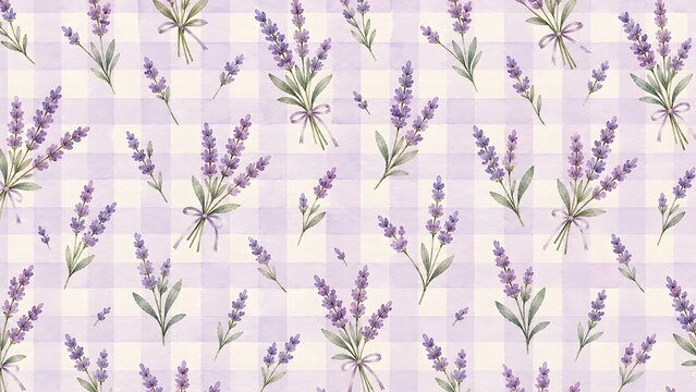 Seamless pattern with watercolor lavender flowers and sprigs on a soft purple gingham checkered background