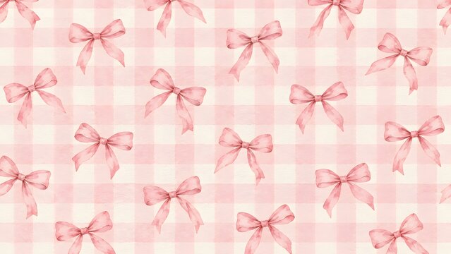 Seamless pattern with watercolor pink bows on a soft gingham checkered background, cute feminine design for wrapping paper or fabric