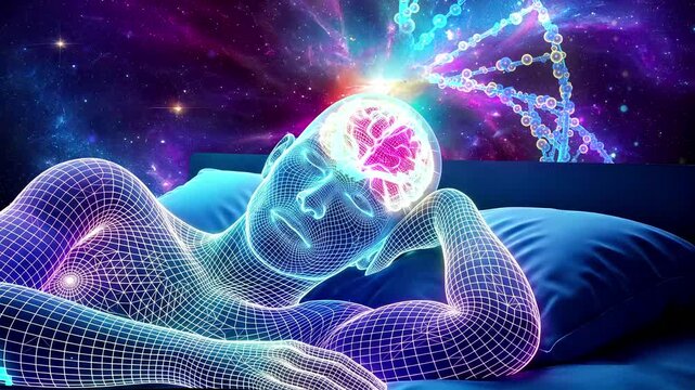 Digital Human Sleeping with Glowing Pink Brain and DNA Helix in Space, Genetics and Neuroscience Concept