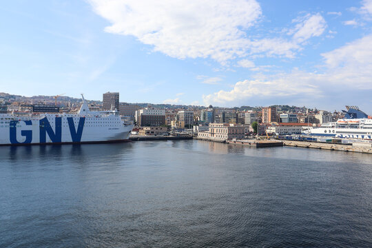 Naples, Italy on May 26, 2021. The large Ro-Pax passenger ferry GNV Antares docked alongside the waterfront piers at the busy Port of Naples.