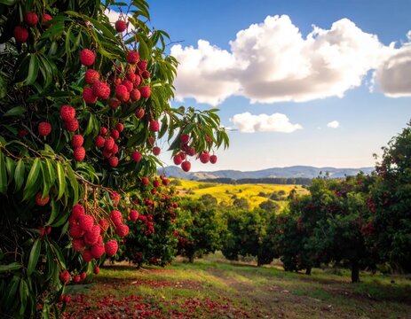 Rows of fruit trees in sunlit lychee plantation.