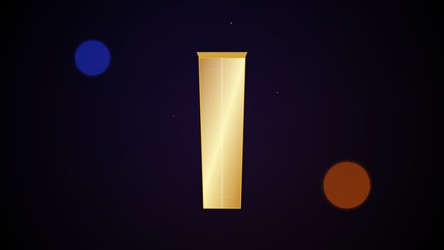 Golden vertical banner flanked by blue and orange circles on dark background