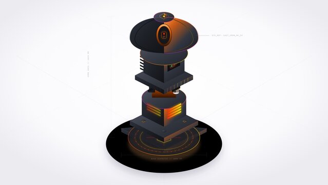 Futuristic sci fi tower blueprint in isometric perspective with dark metal