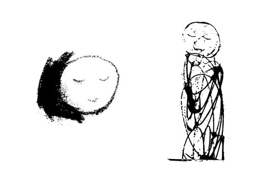 Monochrome hand drawn line art set of Jizo statue and grateful face