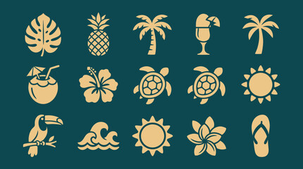 Fototapeta premium Collection of tropical summer icons featuring palm trees, pineapples, hibiscus, and sea turtles.
