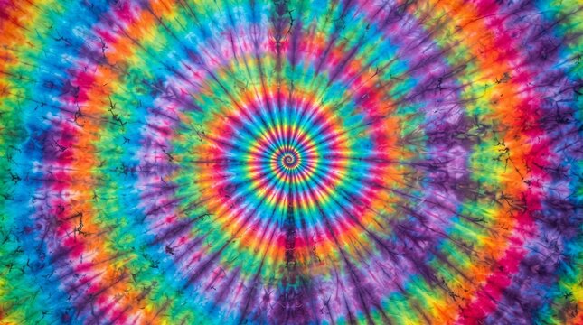 Vibrant tiedye fabric background with a colorful spiral pattern, featuring a psychedelic radial design in rainbow colors and intricate textures