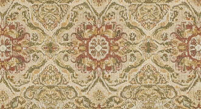 Ornate damask fabric pattern with earthy tones of green, rust, and beige colors