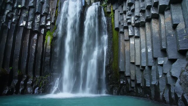 Basalt column face with water flowing steadily across it