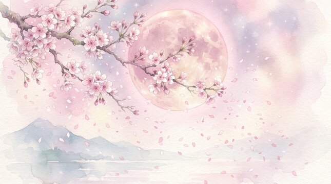 Watercolor painting of cherry blossoms on a branch with a full moon in a soft pink sky over a misty mountain landscape