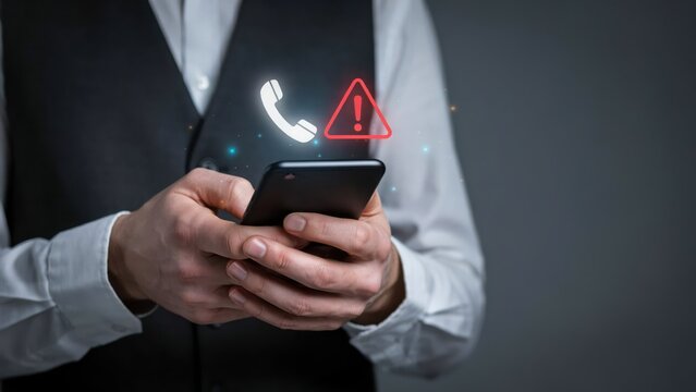 Businessman holding a smartphone with a digital warning and phone symbol representing technical issues or urgent communication security alert