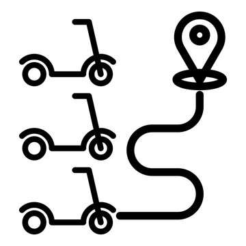 Fleet of scooters at a location pin indicating a dedicated rental station or hub for urban micro mobility icon line style