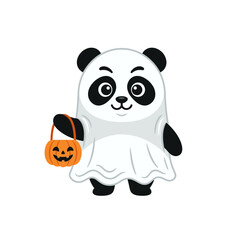 Fototapeta premium Cute panda dressed as ghost with pumpkin basket