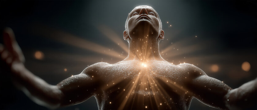 Inner Strength Unleashed: A powerfully built man with arms outstretched in an act of ultimate release, his chest radiating a vibrant golden energy.