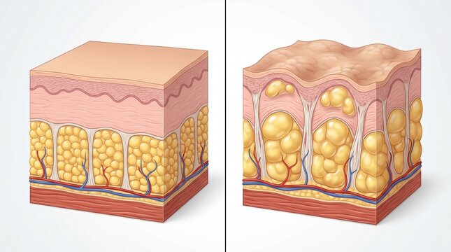 Three-dimensional medical diagram comparing the structure of normal skin and skin with cellulite manifestations