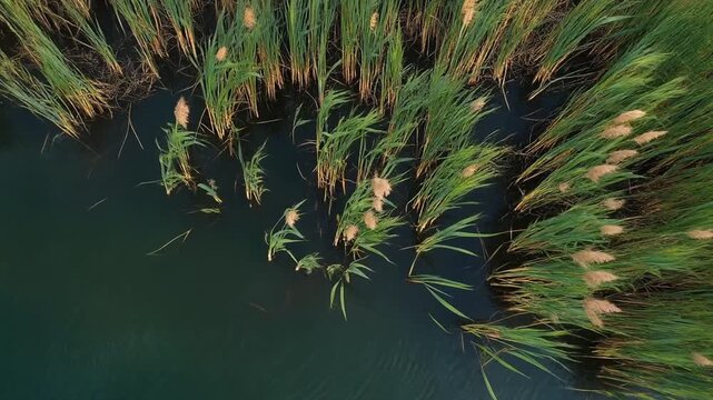 Reed bed at a lake edge moving continuously in a steady breeze