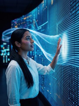 Team standing small against an enormous curved data wall