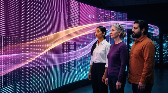 Team standing small against an enormous curved data wall