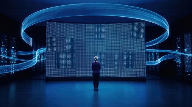 Specialist working a suspended holographic panel at a data wall