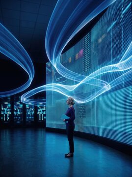 Specialist working a suspended holographic panel at a data wall