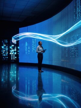 Specialist working a suspended holographic panel at a data wall