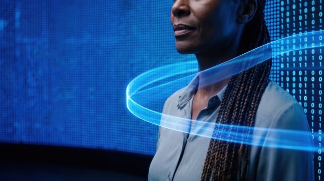 Holographic ribbon passing in front of a specialist's shoulder