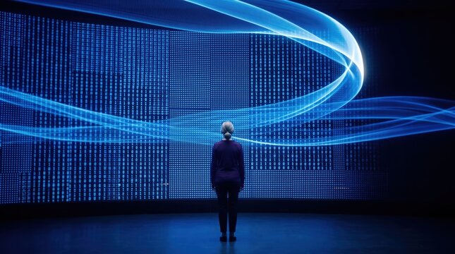 Tiny lone figure standing before a vast glowing data wall