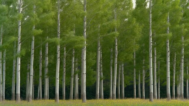 Row of poplar trees moving continuously in a steady breeze