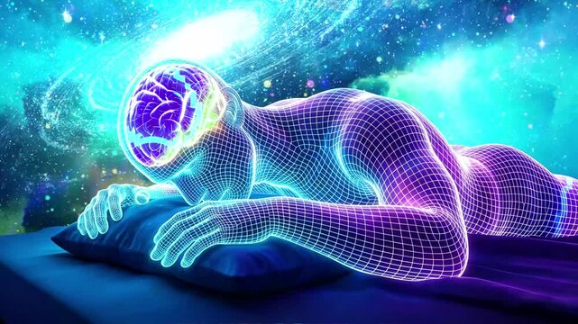 Digital Human Sleeping Face Down with Glowing Purple Brain and Spiral Galaxy Background, Cosmic Mind Concept
