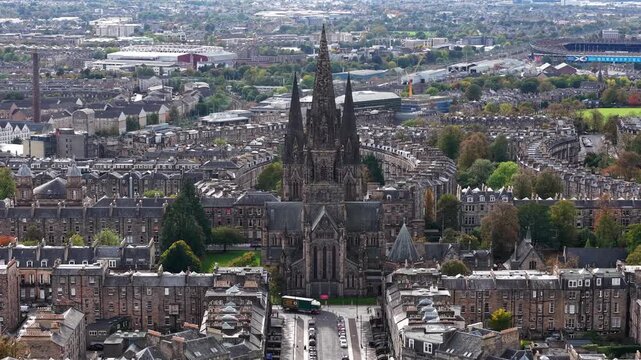 Beautiful Aerial View of St Marys Episcopal Cathedral and Edinburgh Skyline, Scotland