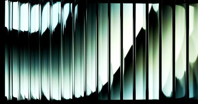 Abstract vertical transparent glass pillars illuminated by flowing cyan and green gradient light waves in dark space