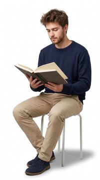 Focused young man sitting on stool reading open book isolated on white background.