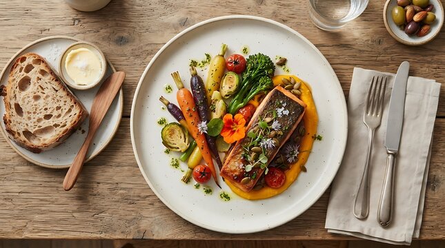 A gourmet salmon dinner plate that is better than expected, featuring roasted rainbow carrots, broccolini, and pumpkin puree on a rustic wooden table.