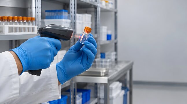 Scientist scans vial with barcode reader in laboratory storage