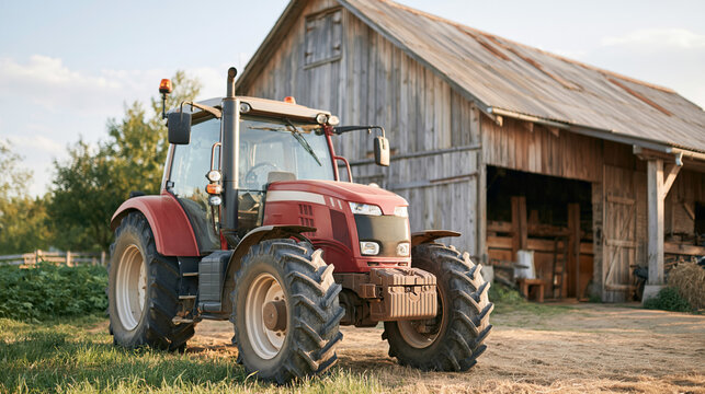 Red Farm Tractor Parked Beside Rustic Wooden Barn
