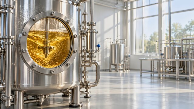 Industrial brewing fermentation tank with liquid