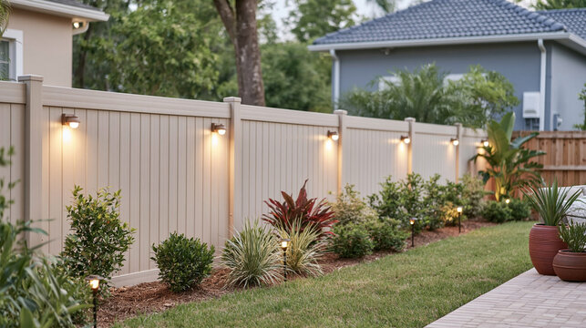 Fence Line Garden With Warm Accent Lights
